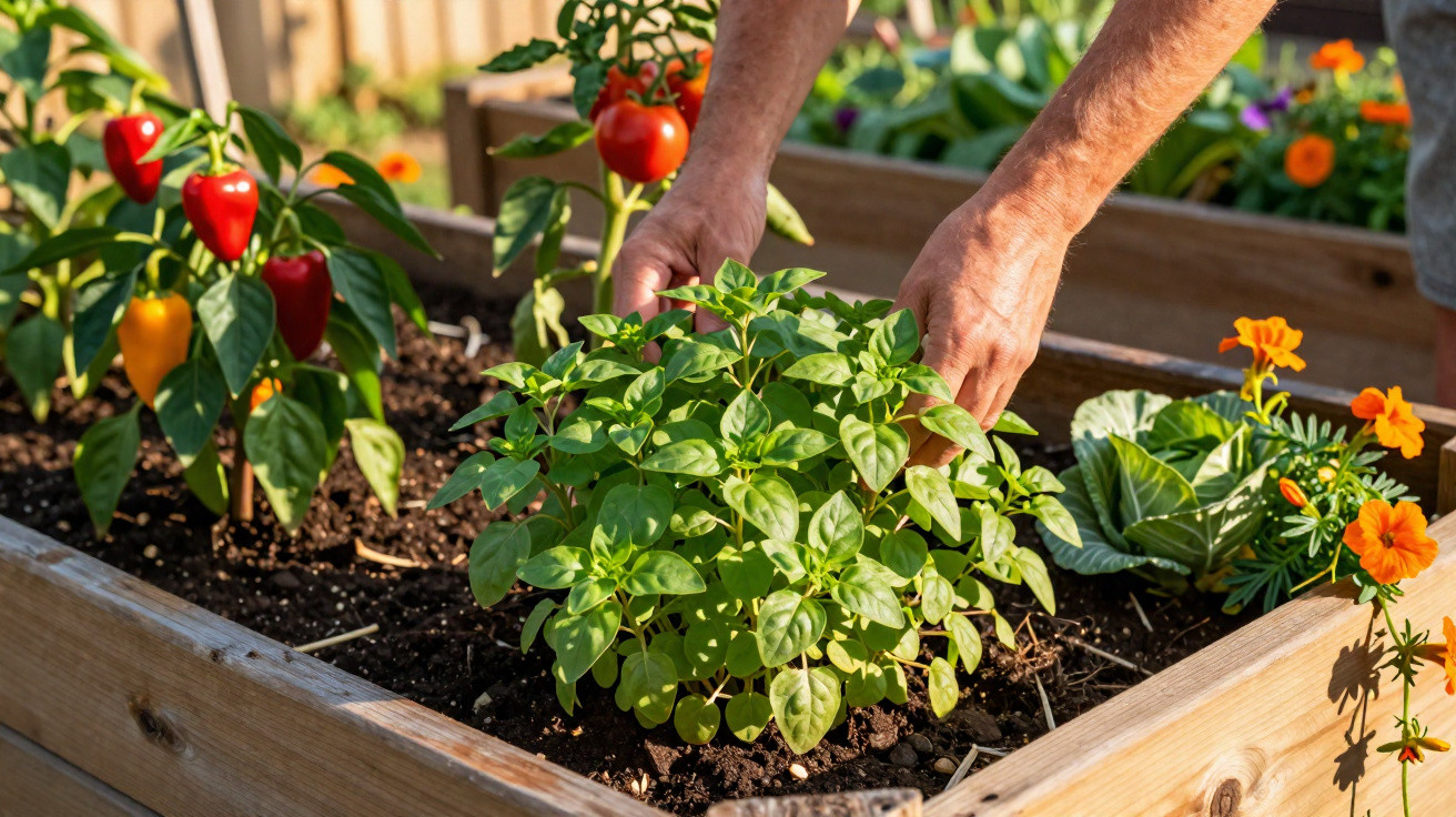 Mãos a cuidar de plantas e flores em canteiro de madeira com pimenta vermelha e tomate maduro ao fundo.