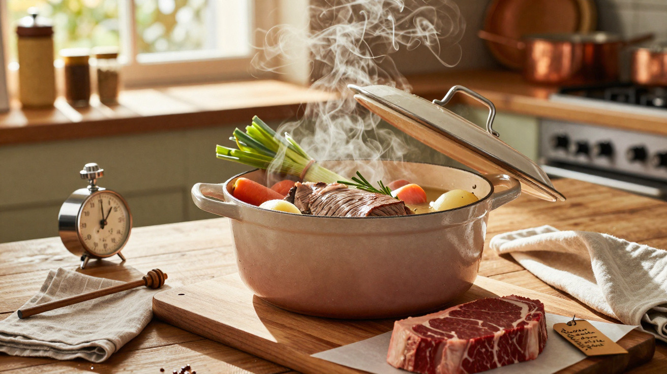 Panela fumegante com carne, cenouras e batatas numa cozinha iluminada a luz natural.