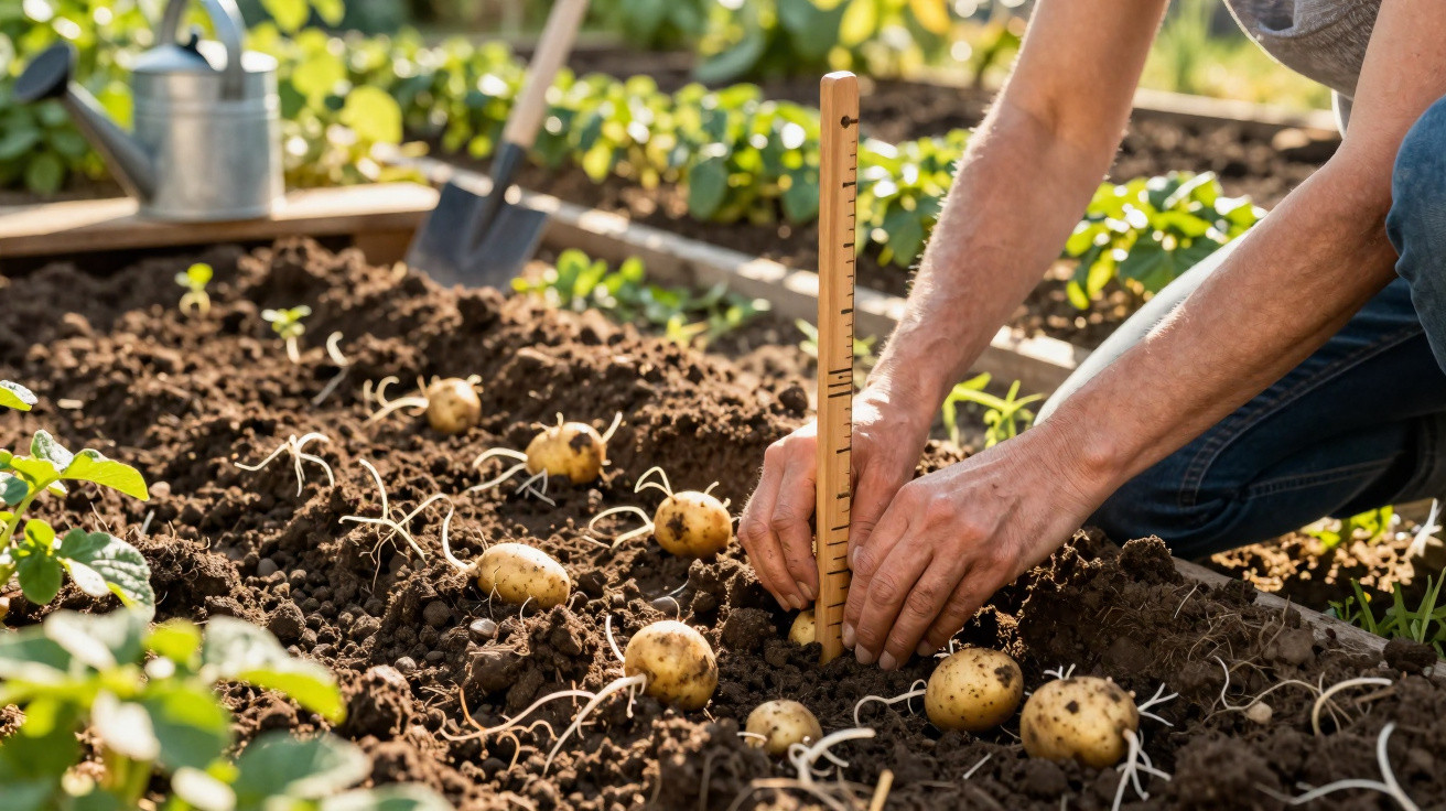 Pessoa a medir o crescimento de batatas na terra num jardim com regador e enxada ao fundo.