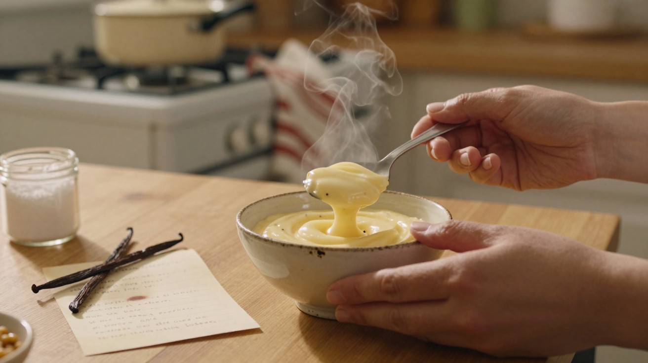 Mãos seguram uma tigela com creme quente e vapor acima, ao lado de favas de baunilha e caderno de receitas.