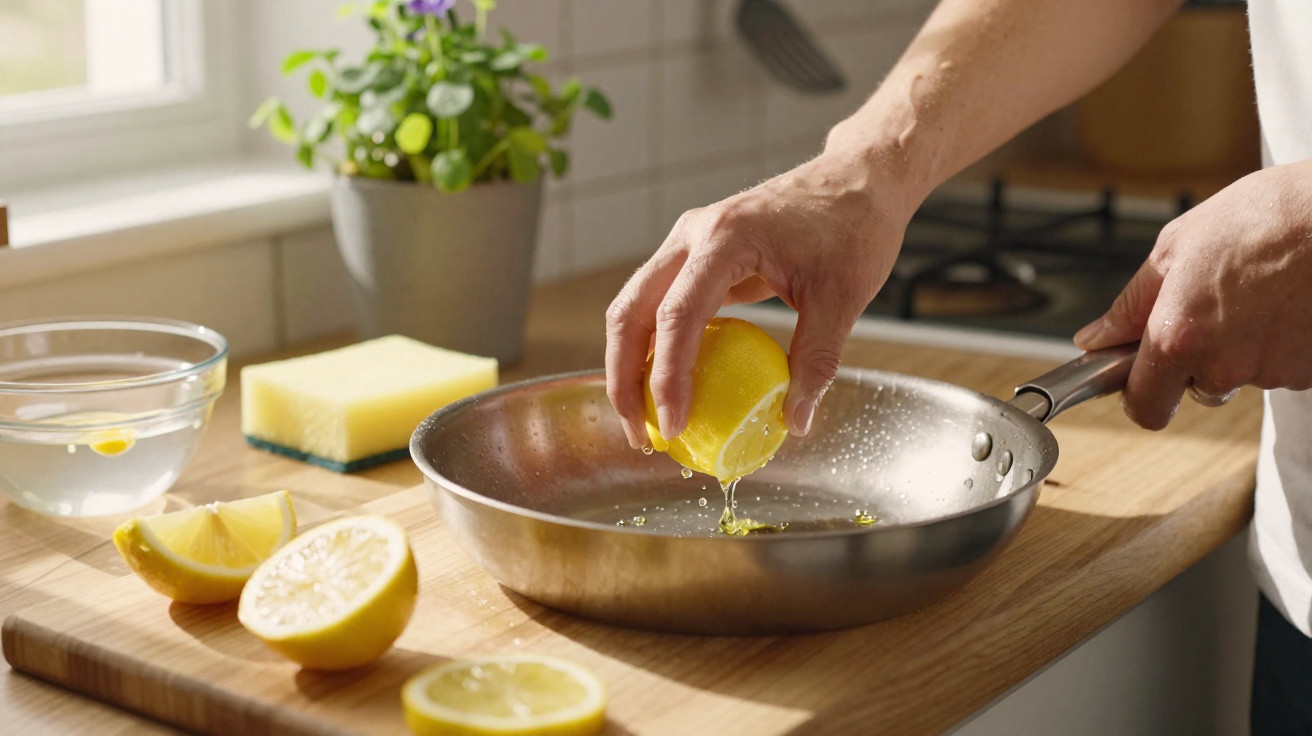 Mãos a espremer um limão sobre uma frigideira numa cozinha com luz natural e cortiça.