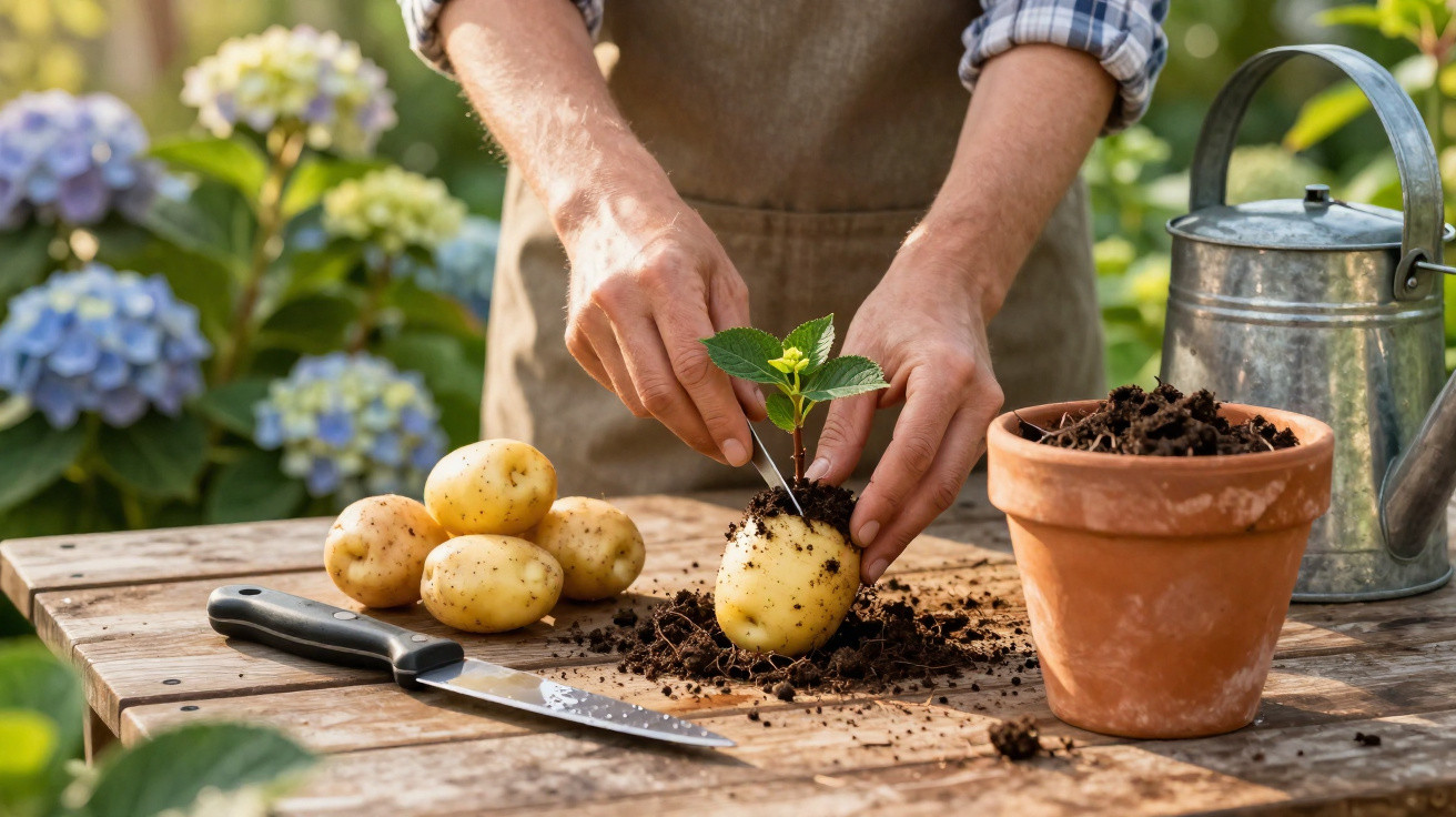 Mãos a plantar batata com brotos numa mesa de madeira ao ar livre, junto a terra, vaso e regador.