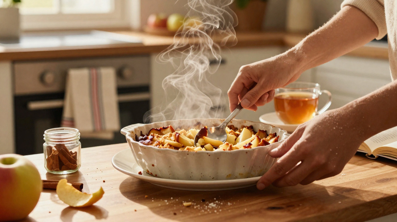 Mãos a servir uma sobremesa quente de maçã num prato branco numa cozinha iluminada.