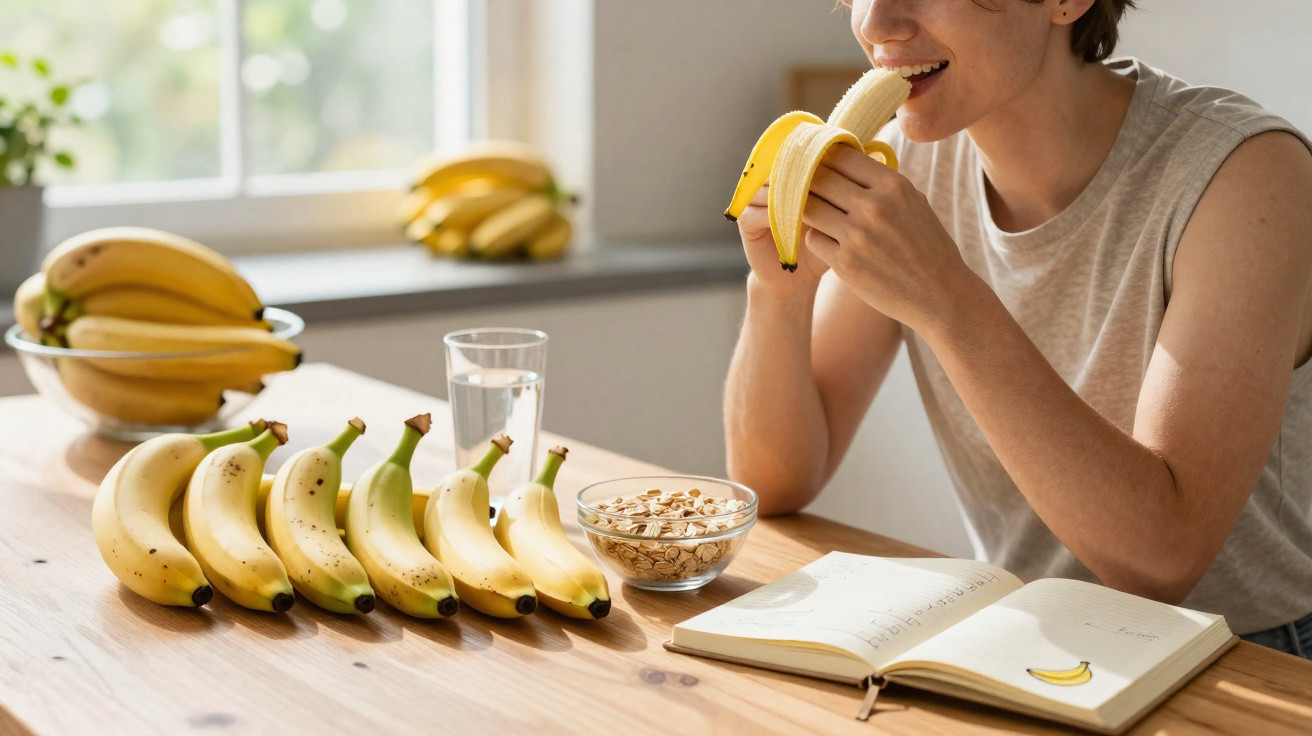 Pessoa a comer uma banana num ambiente luminoso com bananas, aveia, água e um caderno sobre a mesa.