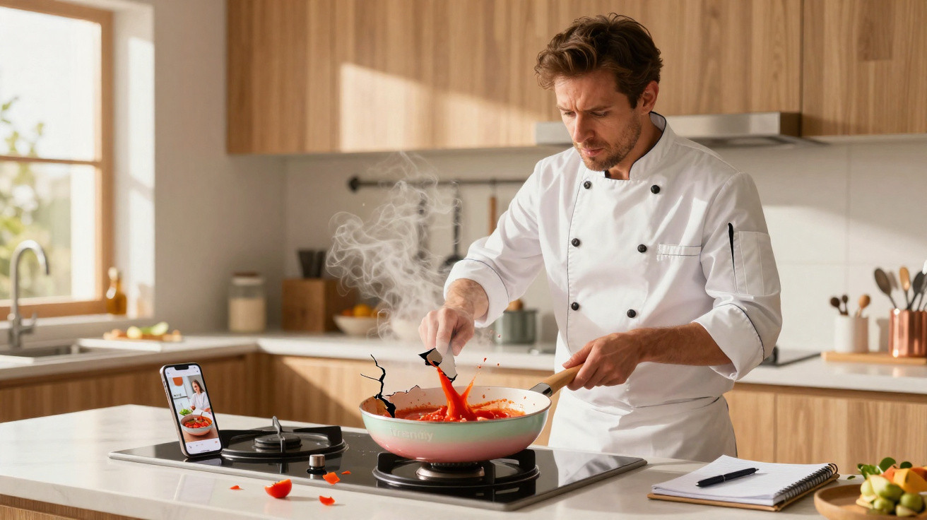 Chef a cozinhar molho de tomate numa frigideira numa cozinha moderna, com telemóvel a filmar.