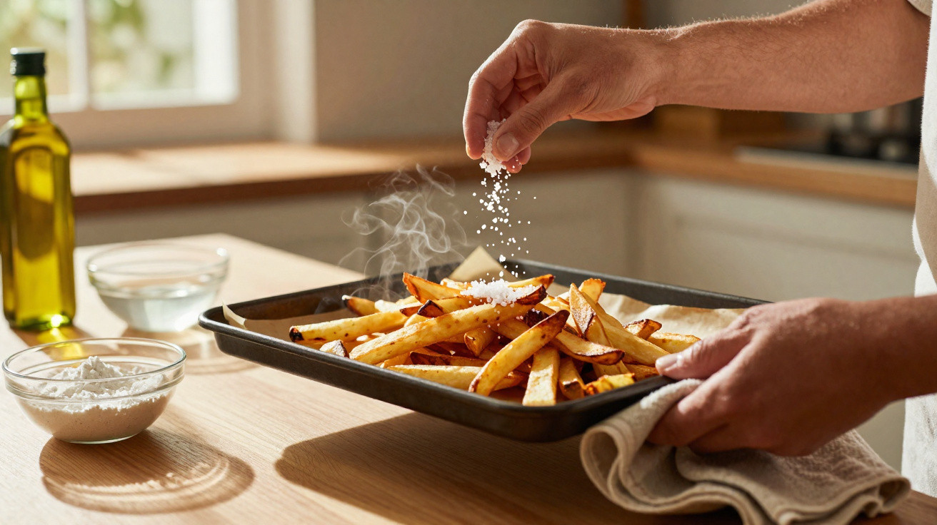 Mãos a salgar batatas fritas quentes numa bandeja na cozinha, com vapor visível a subir.
