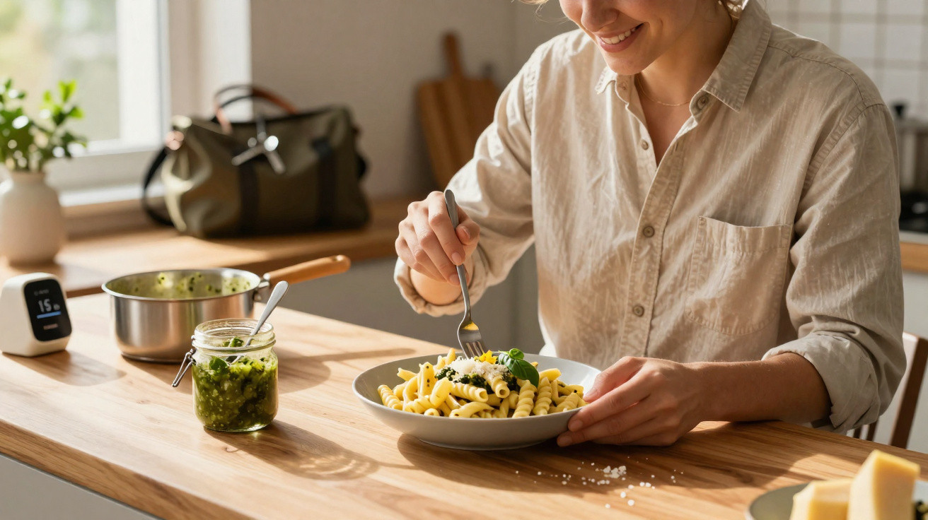 Mulher a sorrir enquanto come massa com molho verde numa cozinha luminosa e moderna.