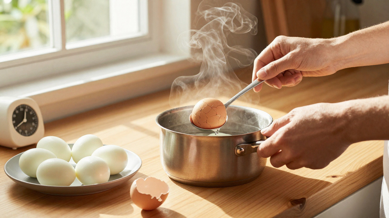 Mãos a tirar ovo quente rachado de panela com água a ferver em cozinha iluminada pelo sol.