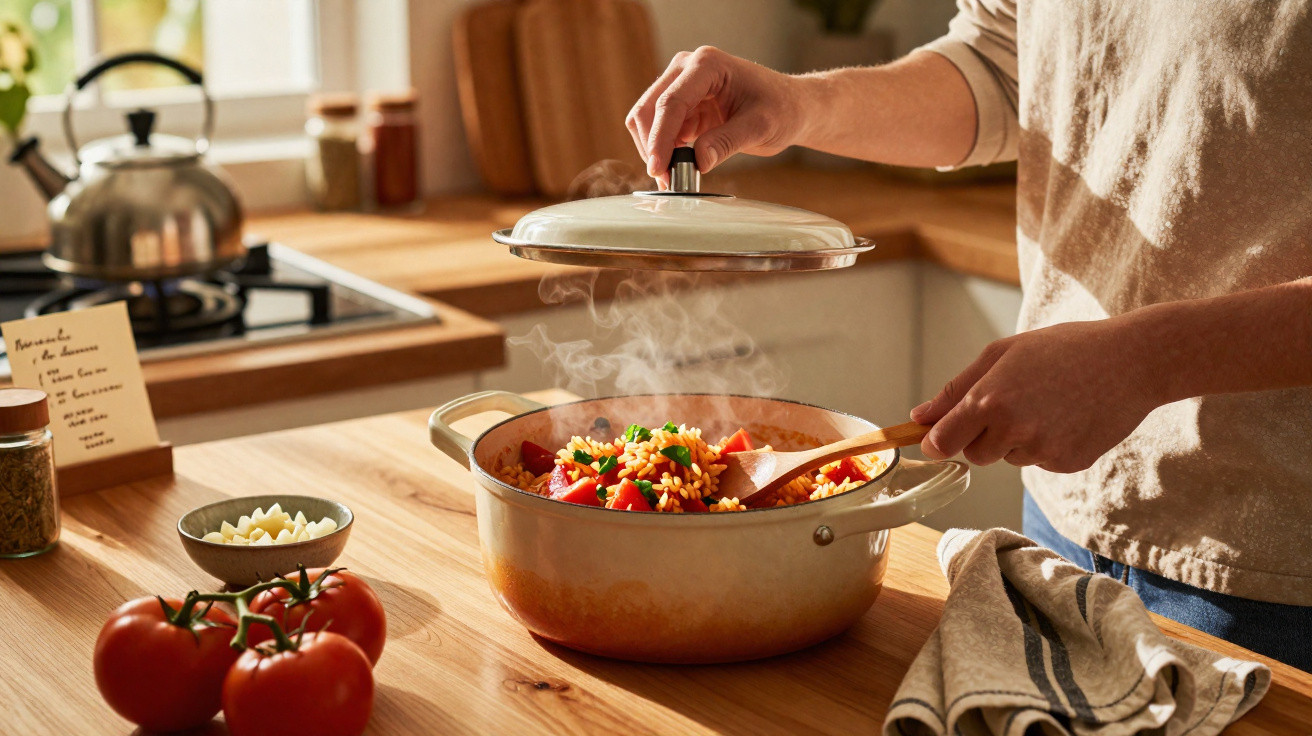 Pessoa a levantar tampa de panela a cozinhar arroz com tomate e ervas num balcão de cozinha iluminada