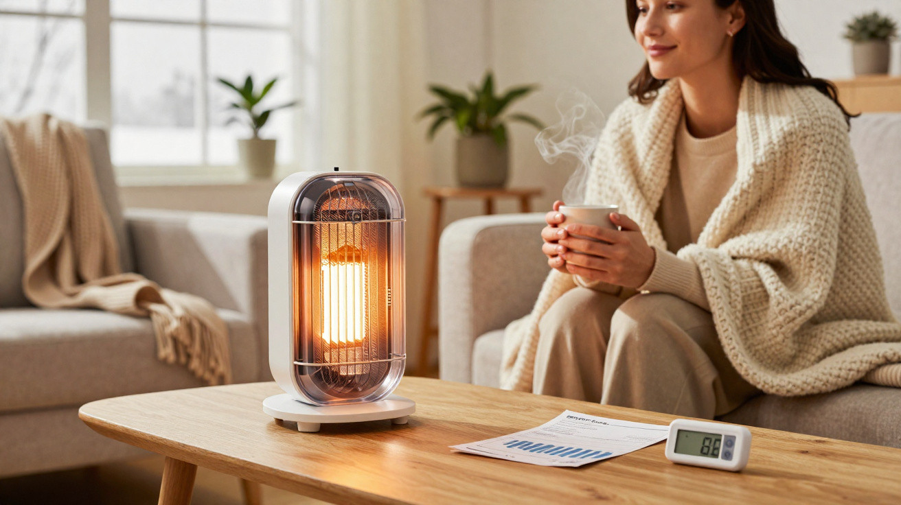 Mulher envolvida numa manta sentada no sofá com chá, perto de aquecedor elétrico numa sala acolhedora.