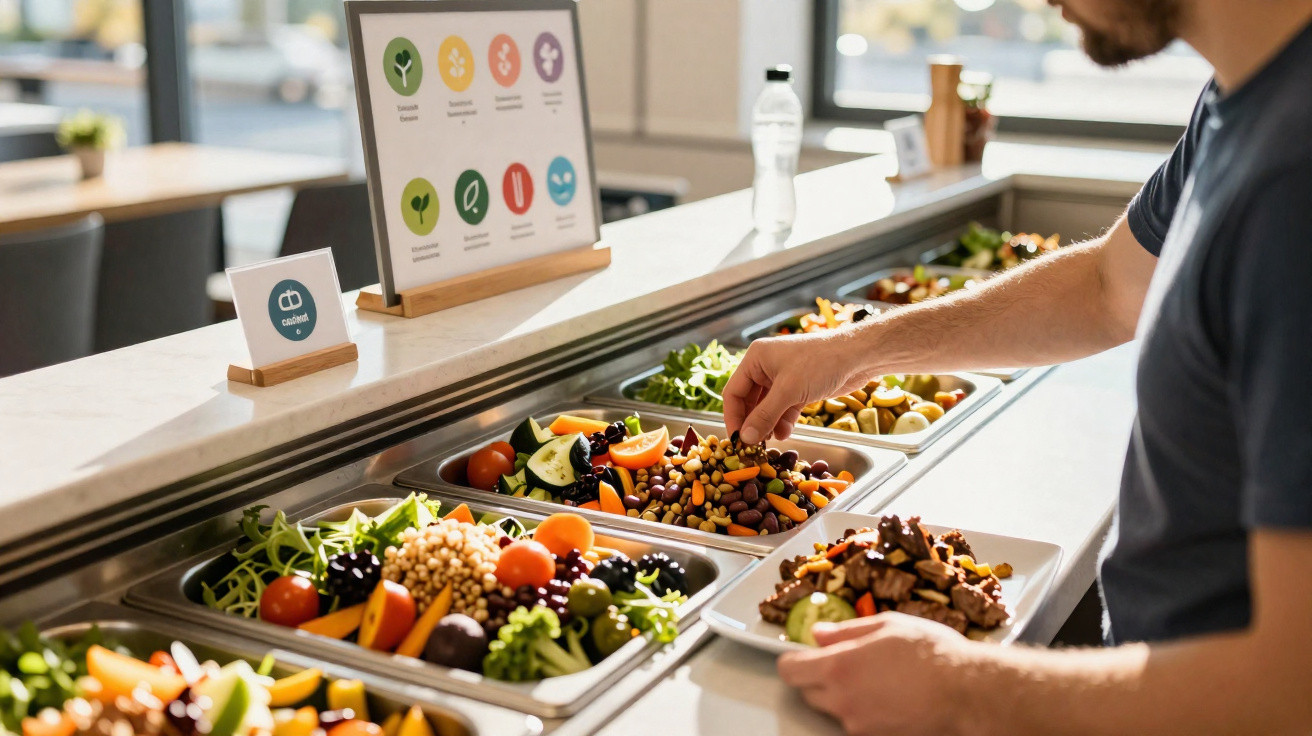 Pessoa a servir-se de várias saladas frescas num buffet de comida saudável.