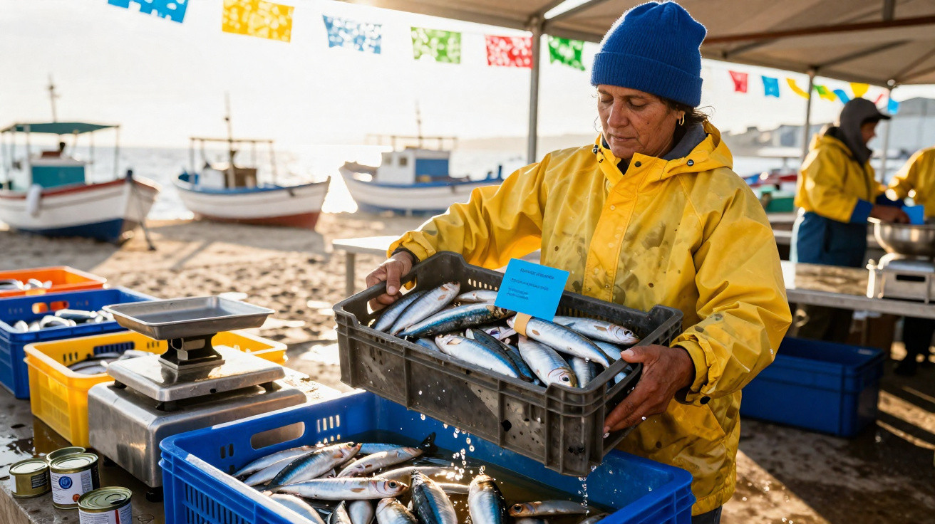 Mulher a manusear peixe numa feira de pesca junto ao mar com barcos ao fundo e coloridas bandeirolas.
