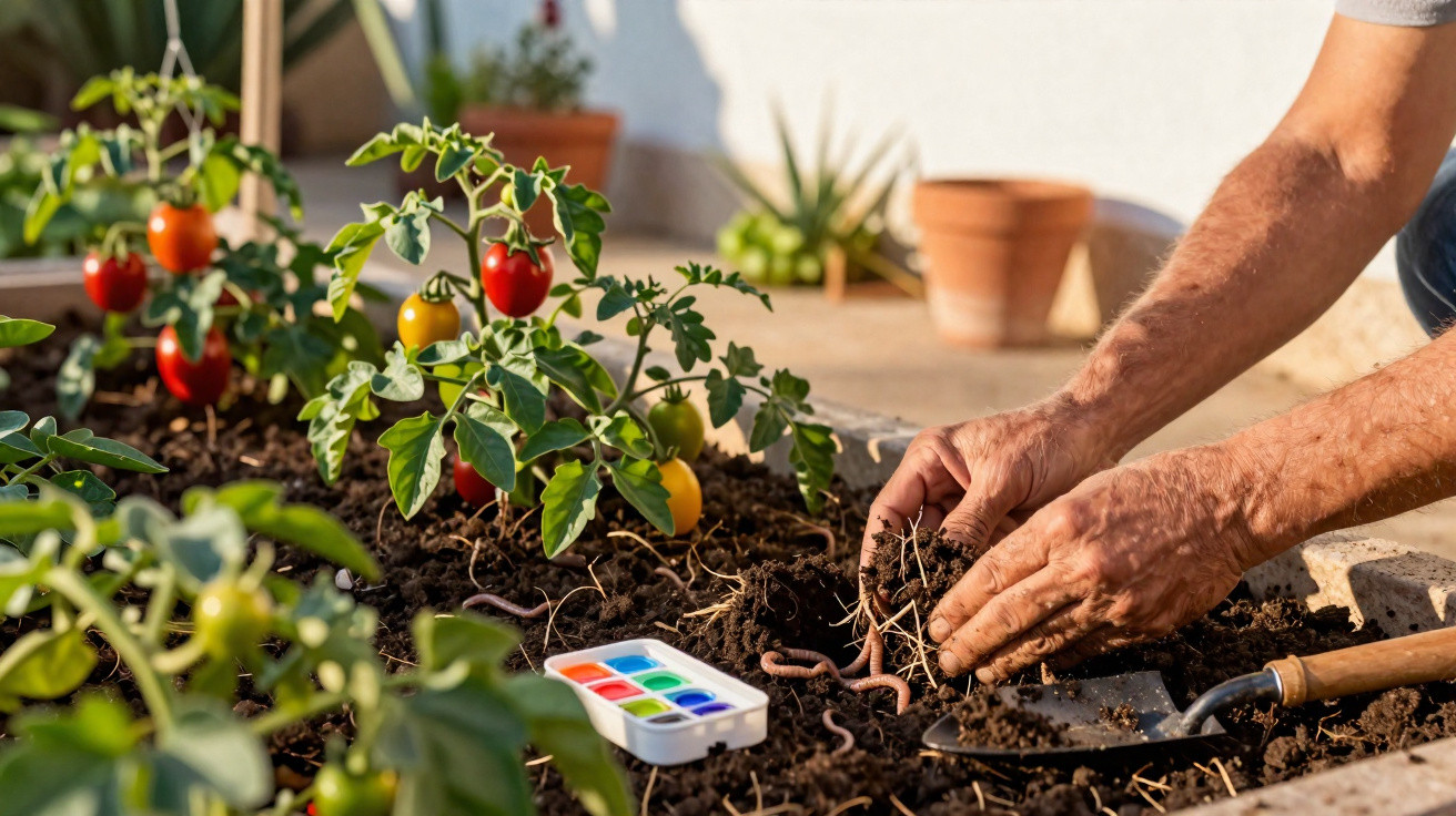 Mãos a preparar terra com minhocas junto a planta de tomateiros com frutos vermelhos e amarelos num jardim.