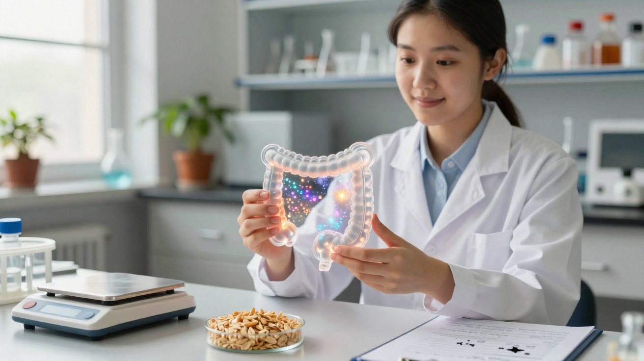 Mulher cientista em laboratório examina modelo transparente do intestino grosso com microrganismos coloridos.