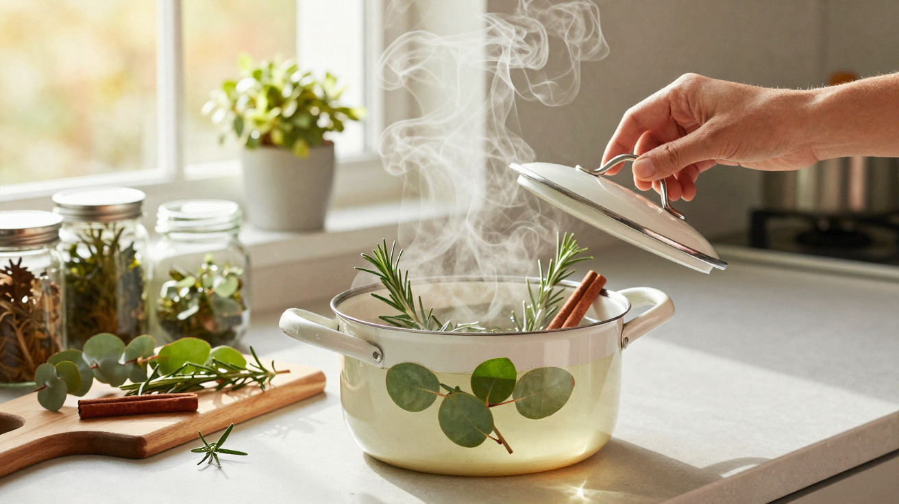 Mão a levantar tampa de panela com ervas e especiarias a vapor na cozinha iluminada por luz natural.