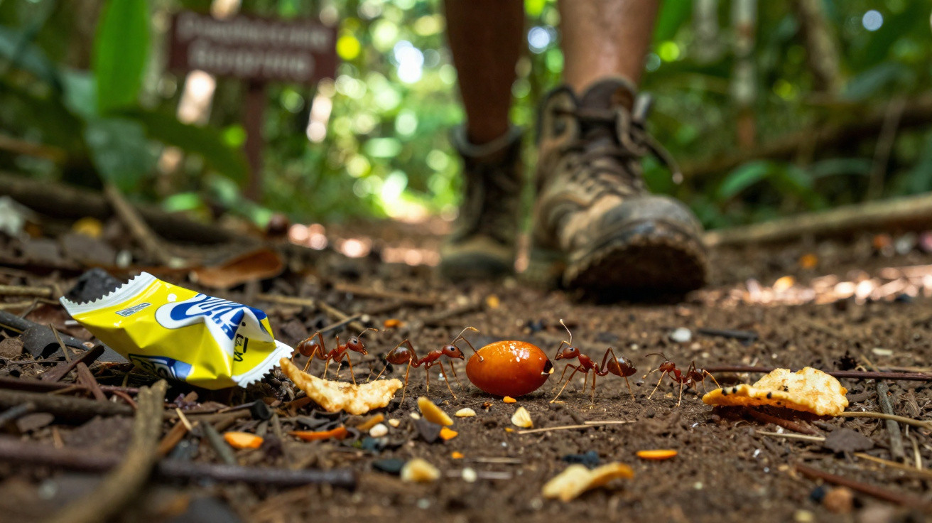 Formiga transporta alimento na floresta com pessoa e botas ao fundo desfocado.