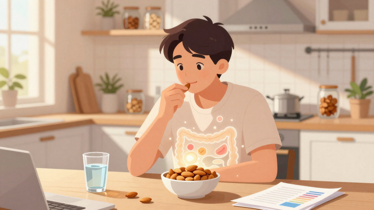 Rapaz a comer amêndoas na cozinha com ilustração do sistema digestivo brilhante no corpo.