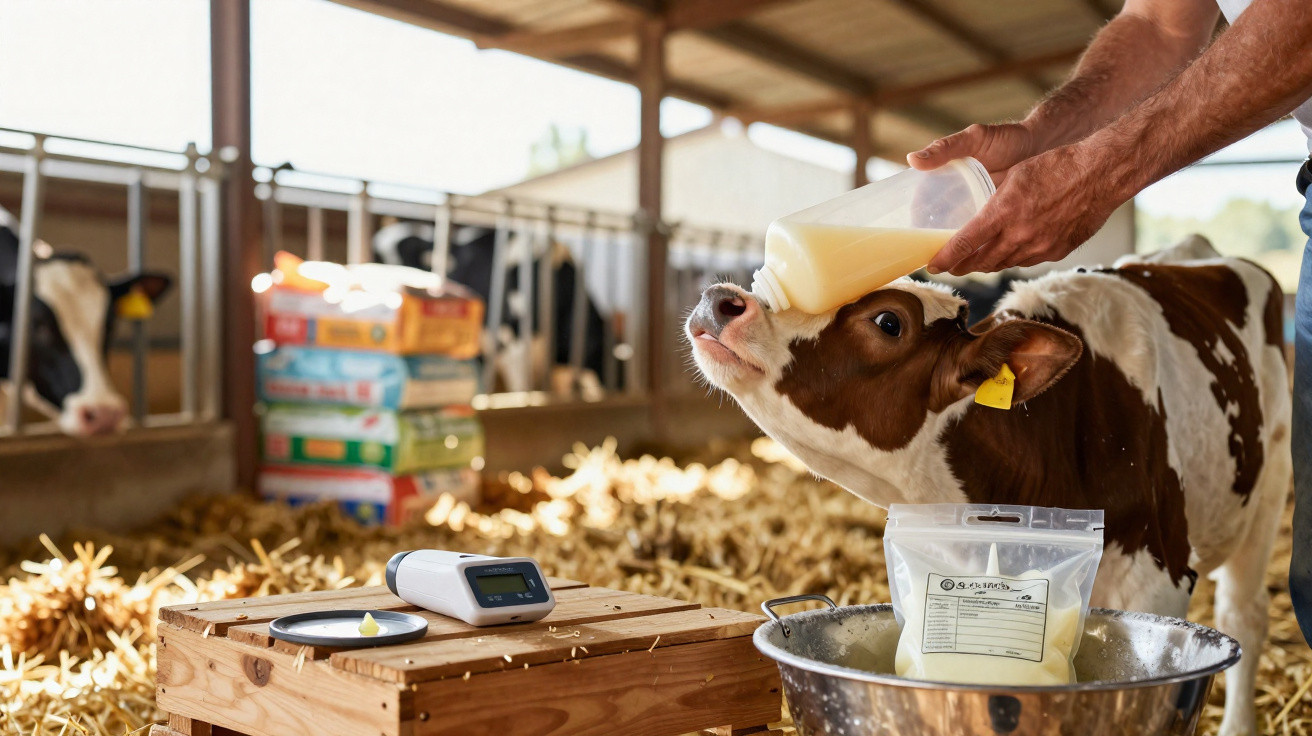 Vaca alimentar com leite por pessoa numa área coberta com estrume e equipamento agrícola.