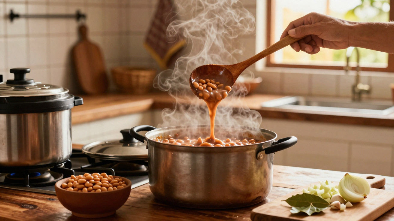 Panela de feijão quente com vapor e colher de pau numa cozinha com ingredientes frescos à volta.