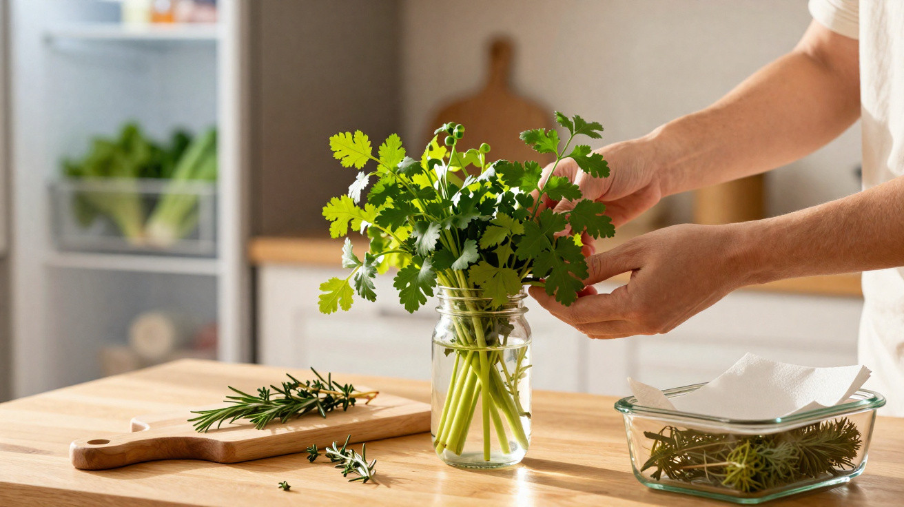 Mãos a colocar raminhos de coentros num frasco com água numa cozinha luminosa.