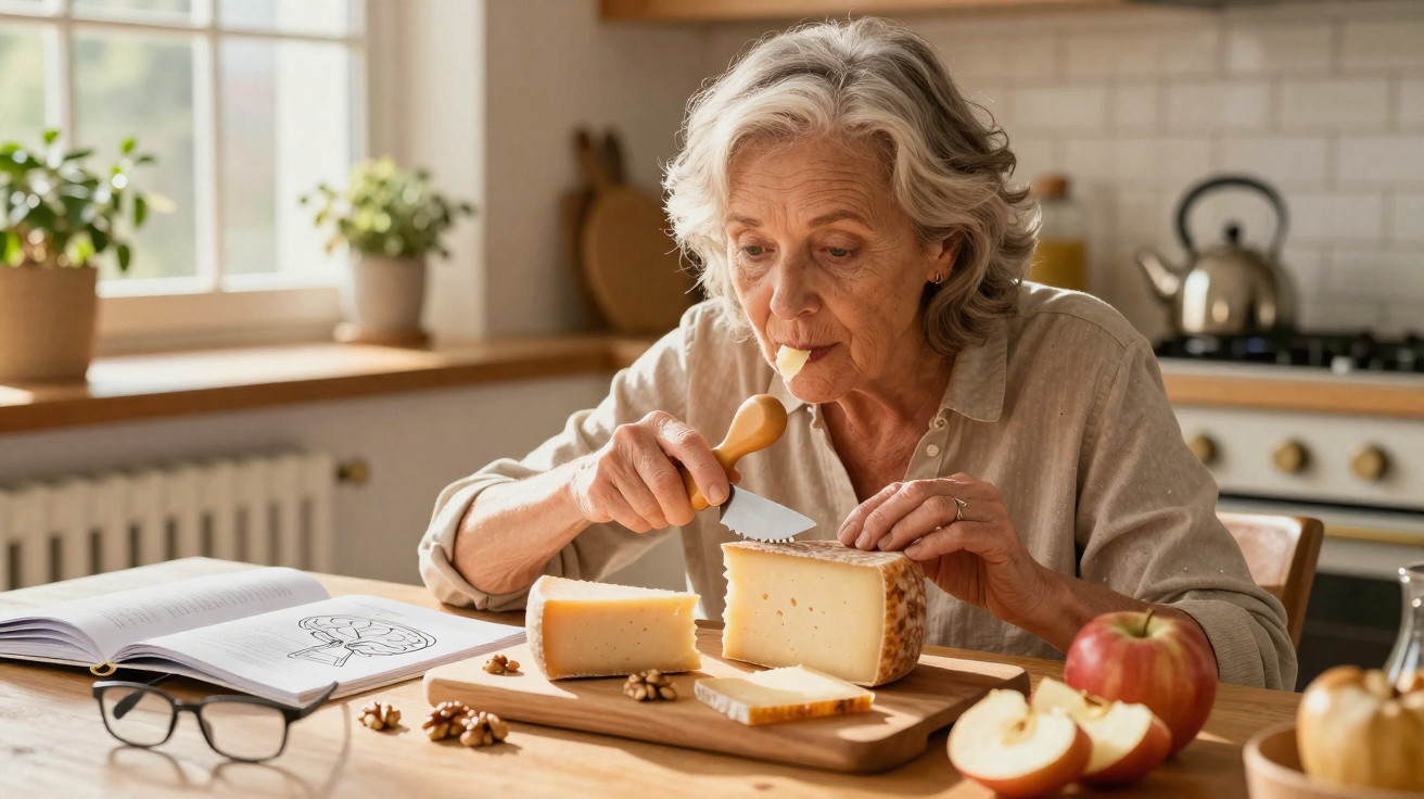 Mulher idosa a cortar queijo numa cozinha luminosa com maçã, nozes e livro aberto na mesa de madeira.