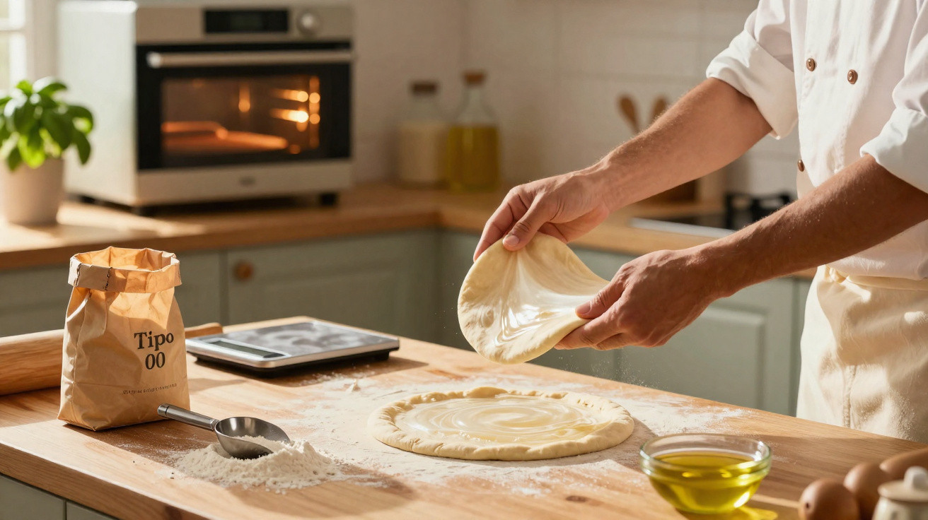 Pessoa a esticar massa de pizza numa bancada de cozinha com farinha, azeite e utensílios por perto.