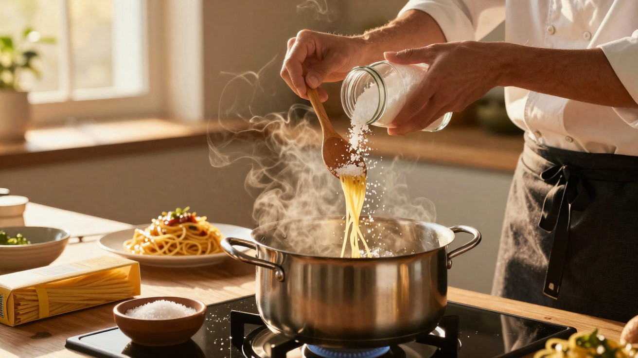 Pessoa a cozinhar massa num tacho com sal a ser adicionado, cozinha iluminada pela luz natural.