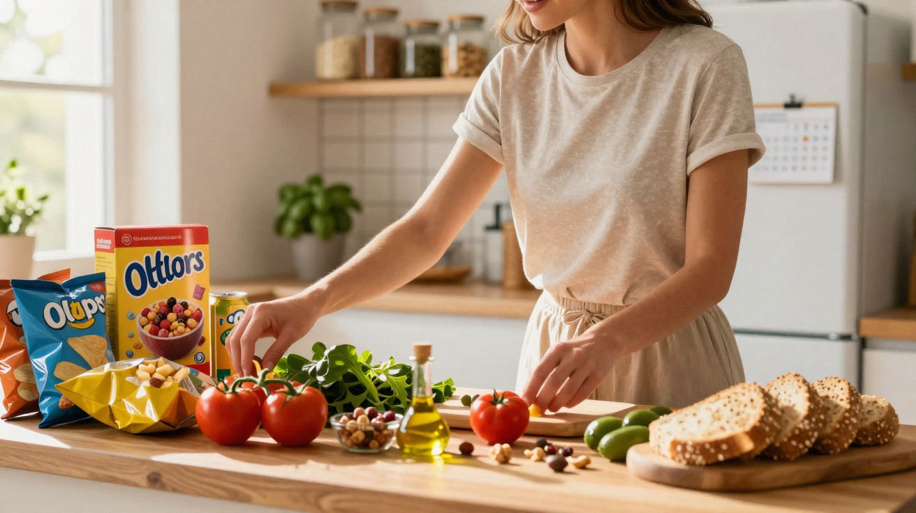 Mulher a preparar ingredientes frescos numa cozinha com legumes, pão, cereais e snacks na bancada.