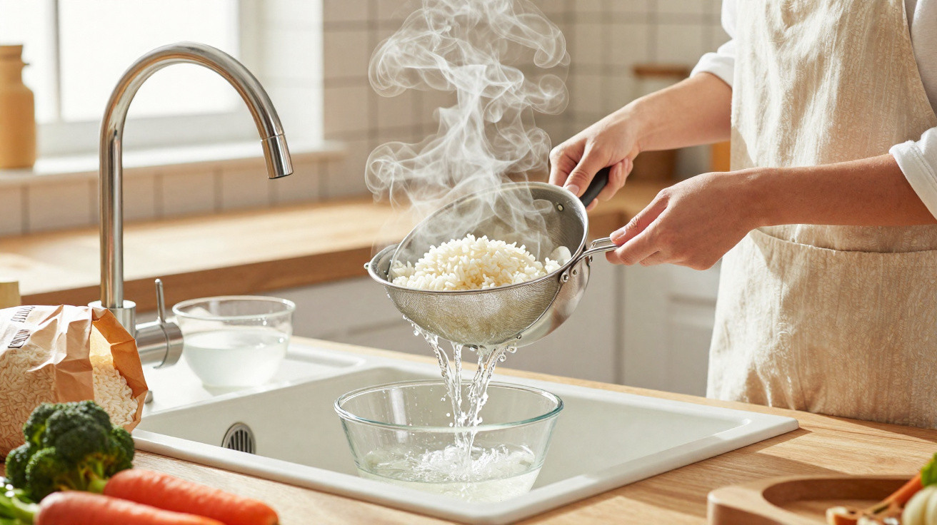 Pessoa a coar arroz quente com escorredor metálico sobre cuba da cozinha moderna.