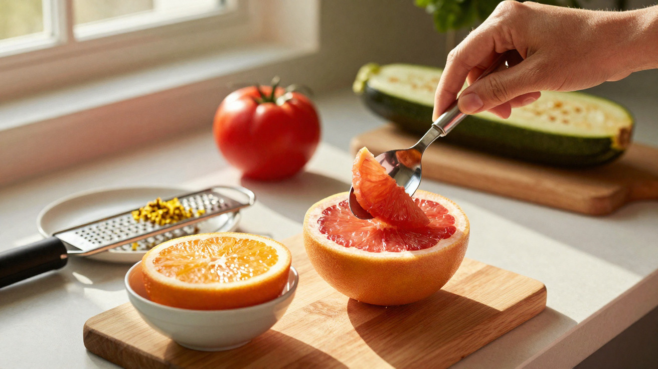 Mão a retirar gomo de toranja cortada ao meio, com laranja, tomate e curgete numa superfície clara.