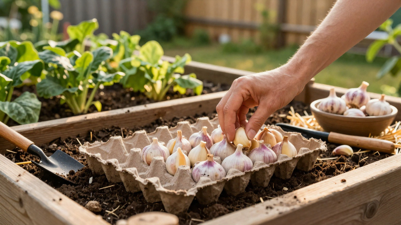 Mão a apanhar dentes de alho numa caixa de ovos para plantar numa horta caseira com terra e espinafres.