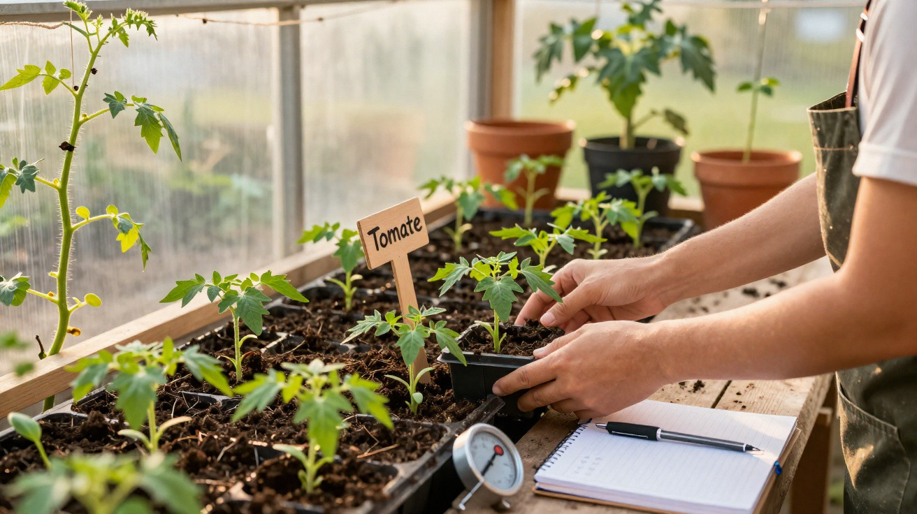 Pessoa a transplantar mudas de tomate num viveiro com equipamento de jardinagem e caderno.