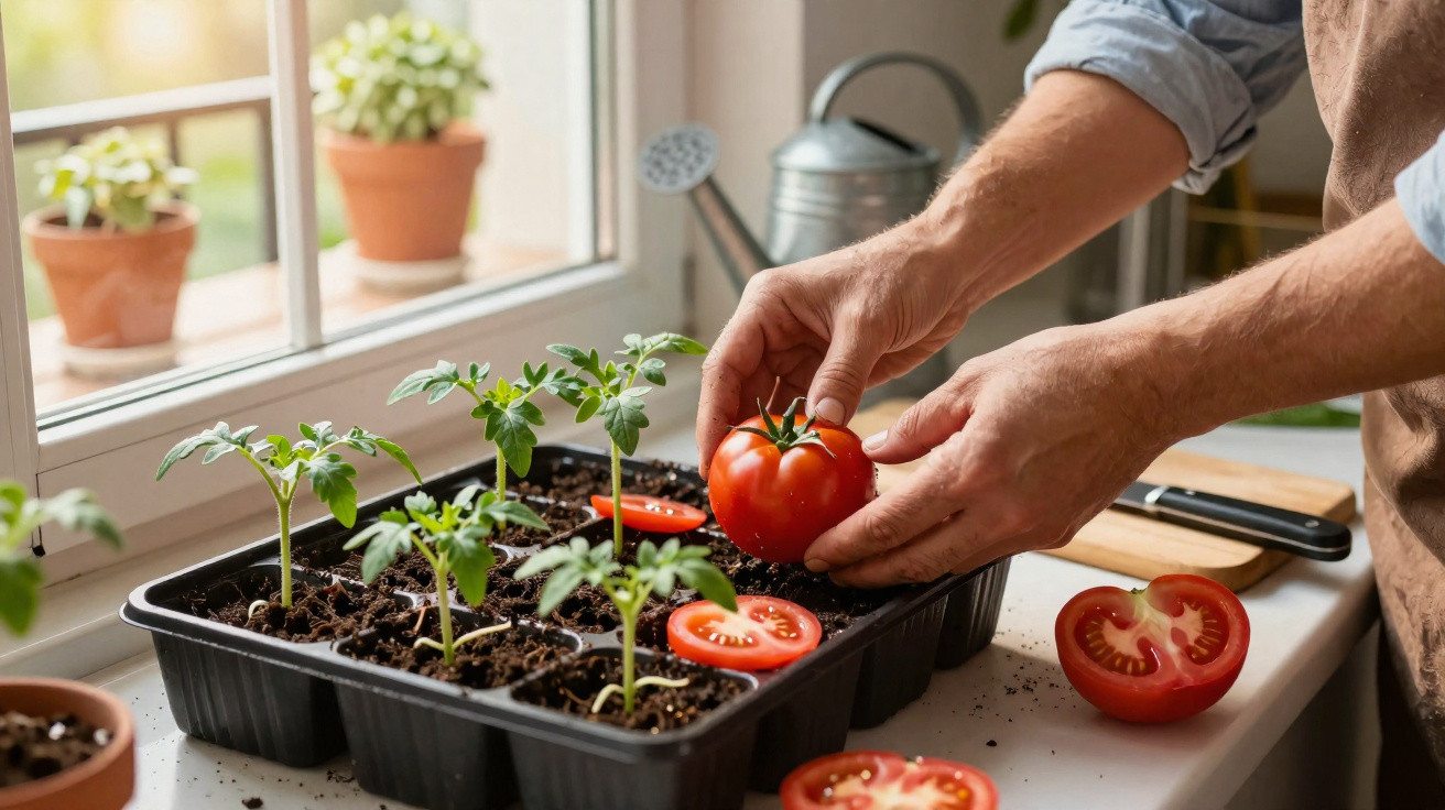 Pessoa a colocar tomate maduro sobre tabuleiro com plantas jovens de tomateiro junto a janela.