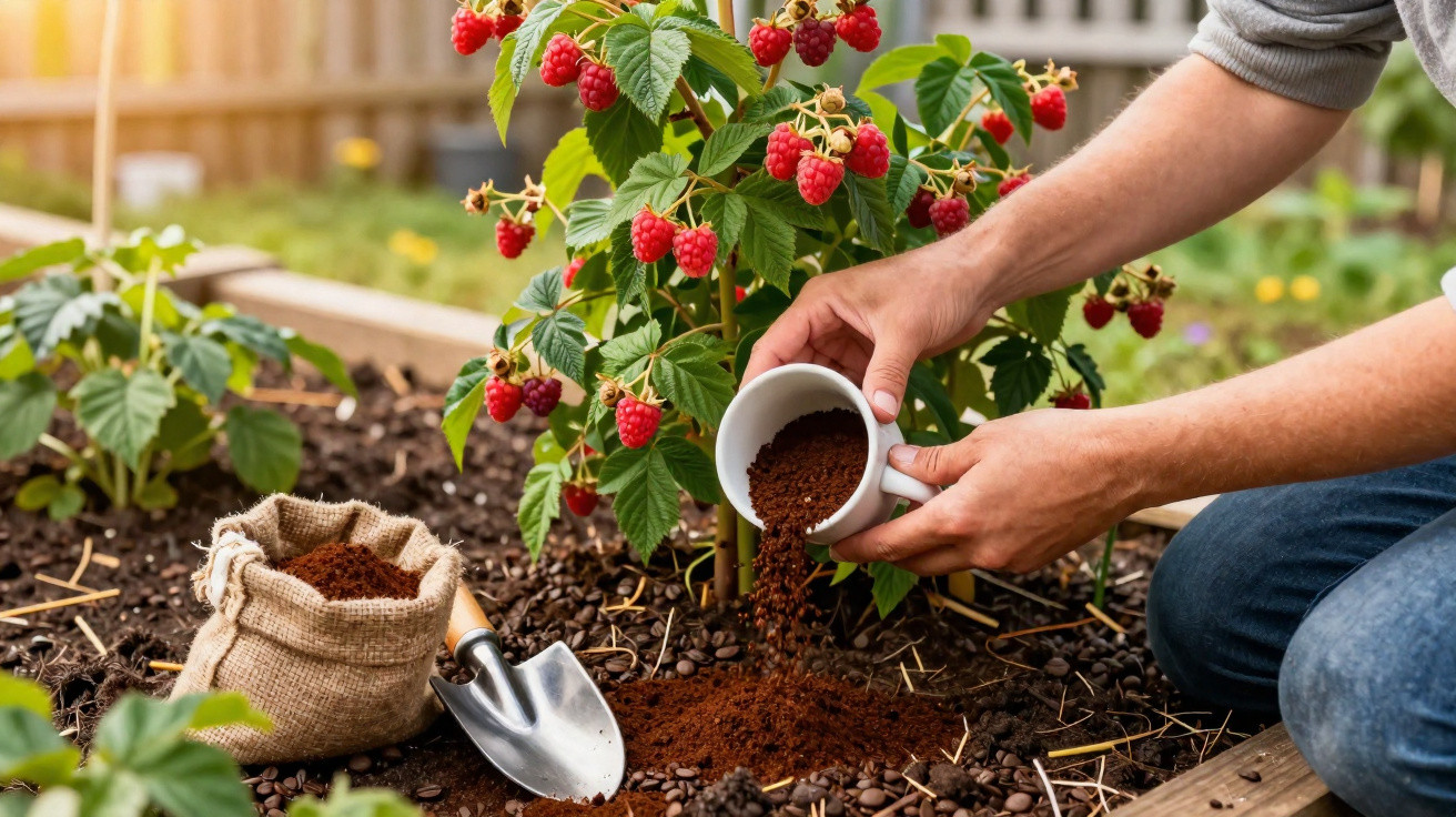 Pessoa a regar planta de framboesas com borra de café num jardim com utensílio e saco de juta.