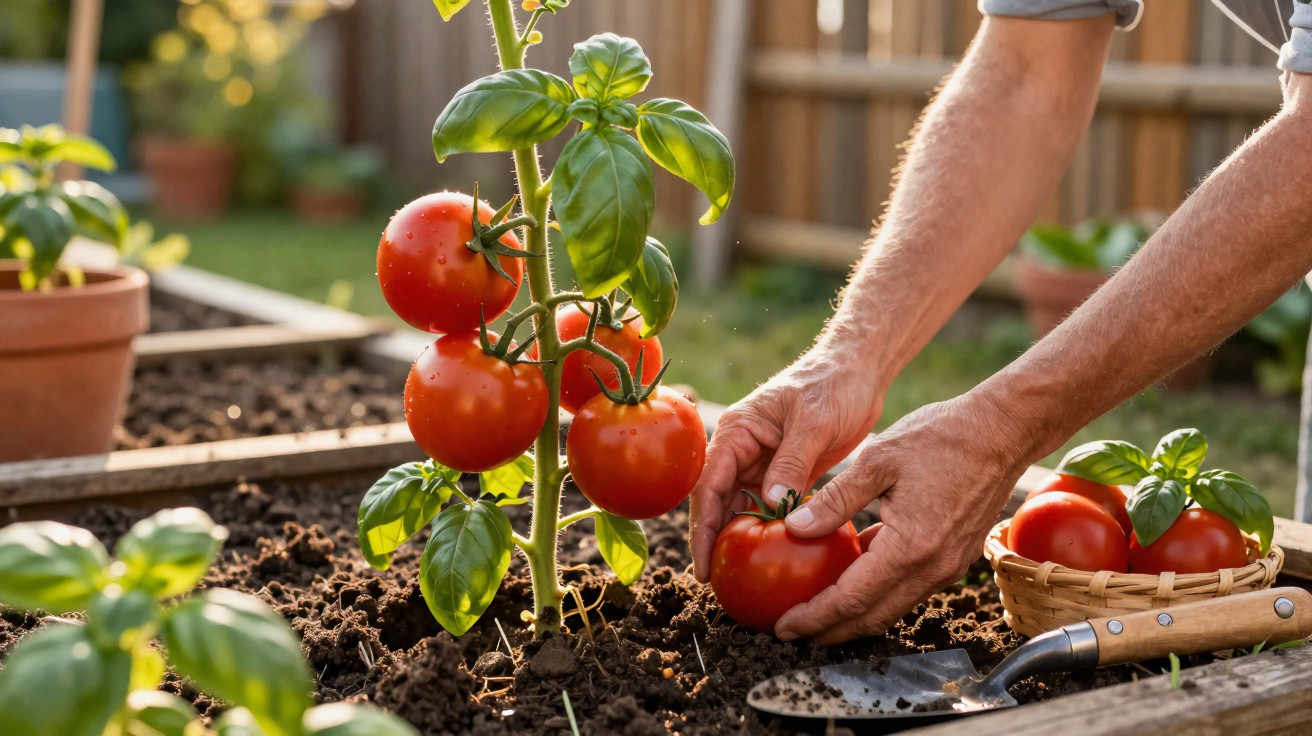Mãos colhendo tomate maduro numa horta caseira com rega natural ao fundo.