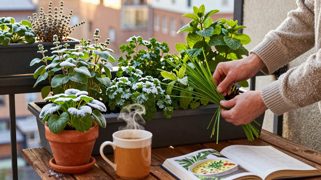 Pessoa a cortar ervas frescas num vaso com várias plantas aromáticas, chá quente e livro aberto numa mesa.