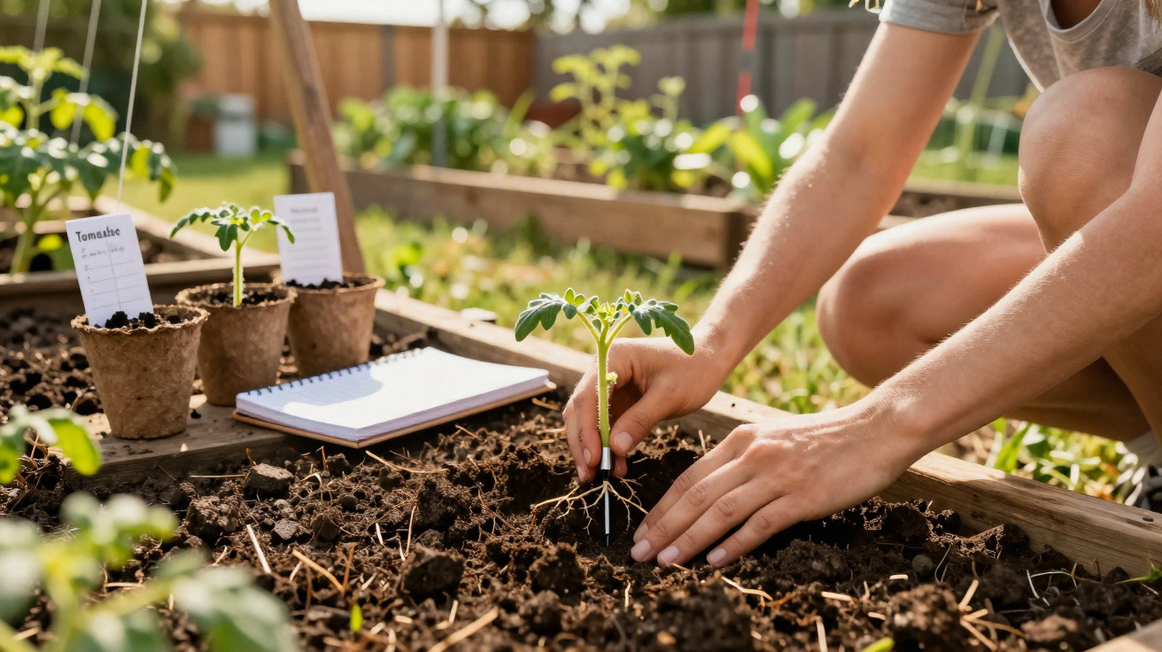 Pessoa a plantar muda de tomate num canteiro de jardim com etiquetas e caderno ao lado.