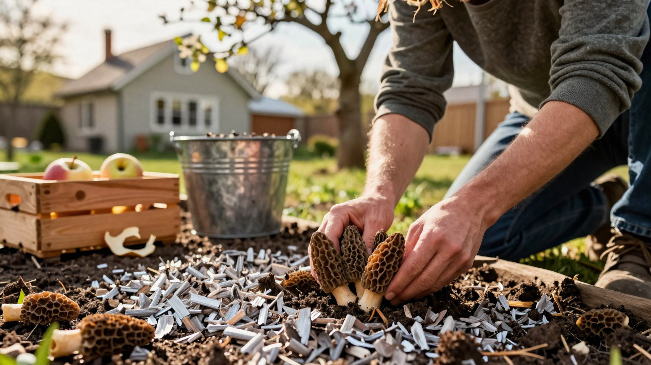 Pessoa a colher cogumelos morchella num jardim com caixa de maçãs e balde metálico ao fundo.
