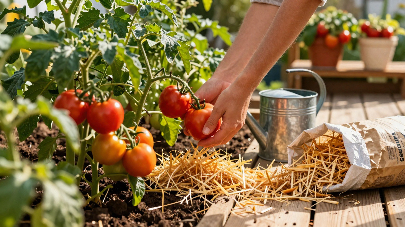 Mãos colhendo tomate maduro numa horta com regador e palha espalhada no chão.