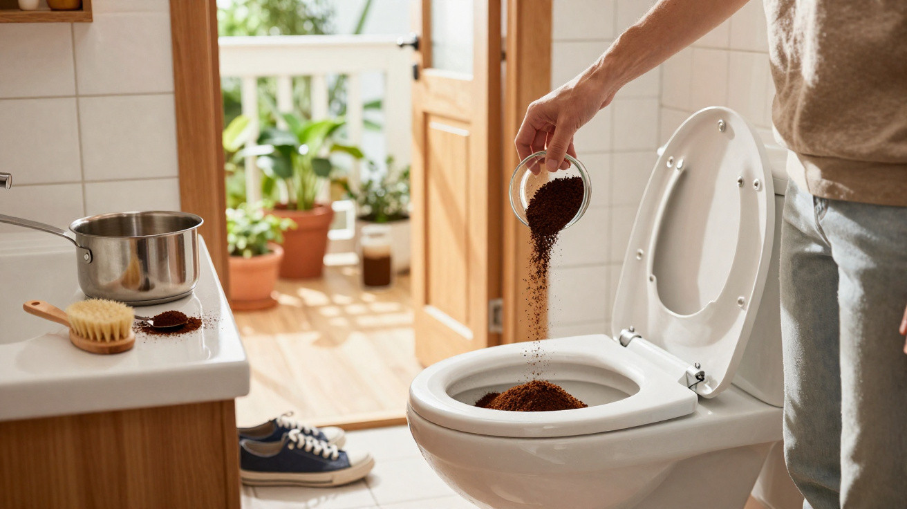 Pessoa a deitar borra de café no vaso sanitário numa casa de banho com luz natural.