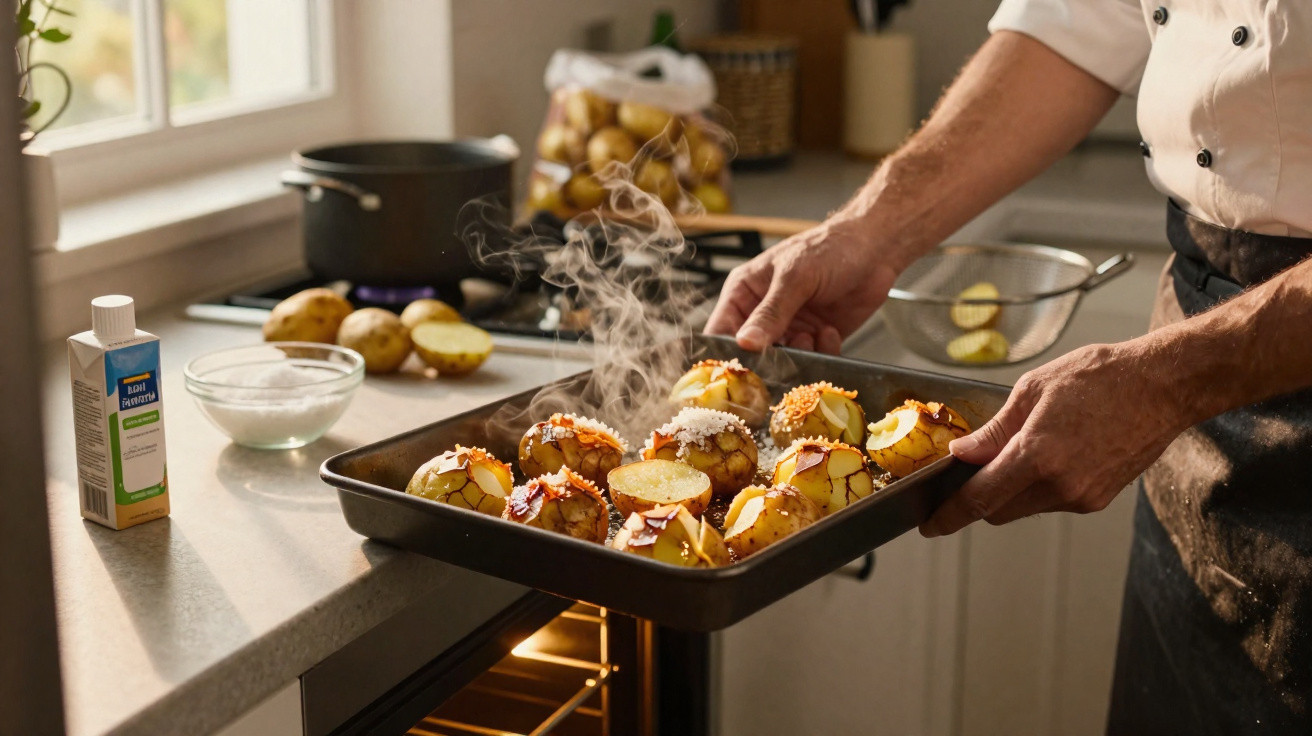 Pessoa a retirar batatas assadas fumegantes do forno numa cozinha iluminada.