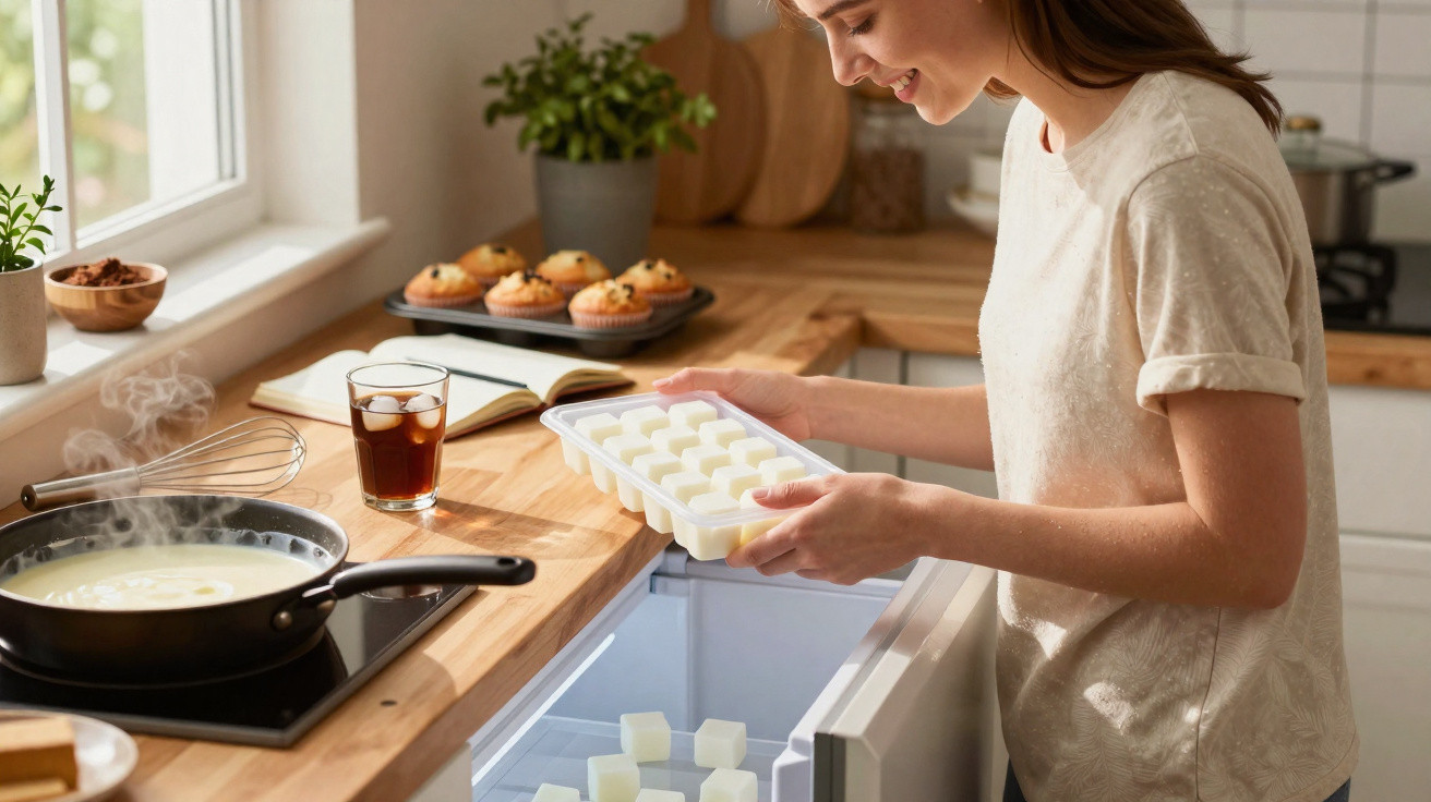 Mulher a retirar cubos de gelo do congelador numa cozinha moderna, com comida e bebida na bancada.