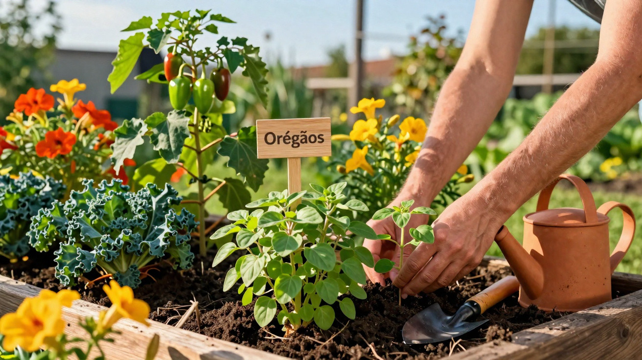 Mãos a plantar orégãos num canteiro rodeado de outras plantas e flores coloridas num jardim.