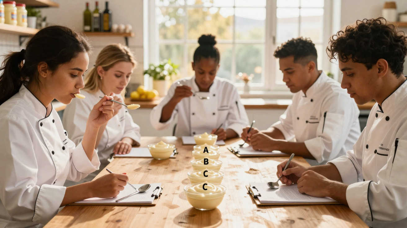 Cinco chefs em uniforme a provar e avaliar sobremesas à mesa numa cozinha iluminada.