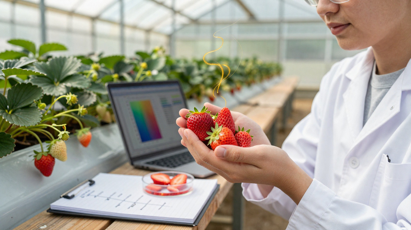 Cientista num laboratório agrícola segura morangos frescos, com computador e plantas em estufa ao fundo.