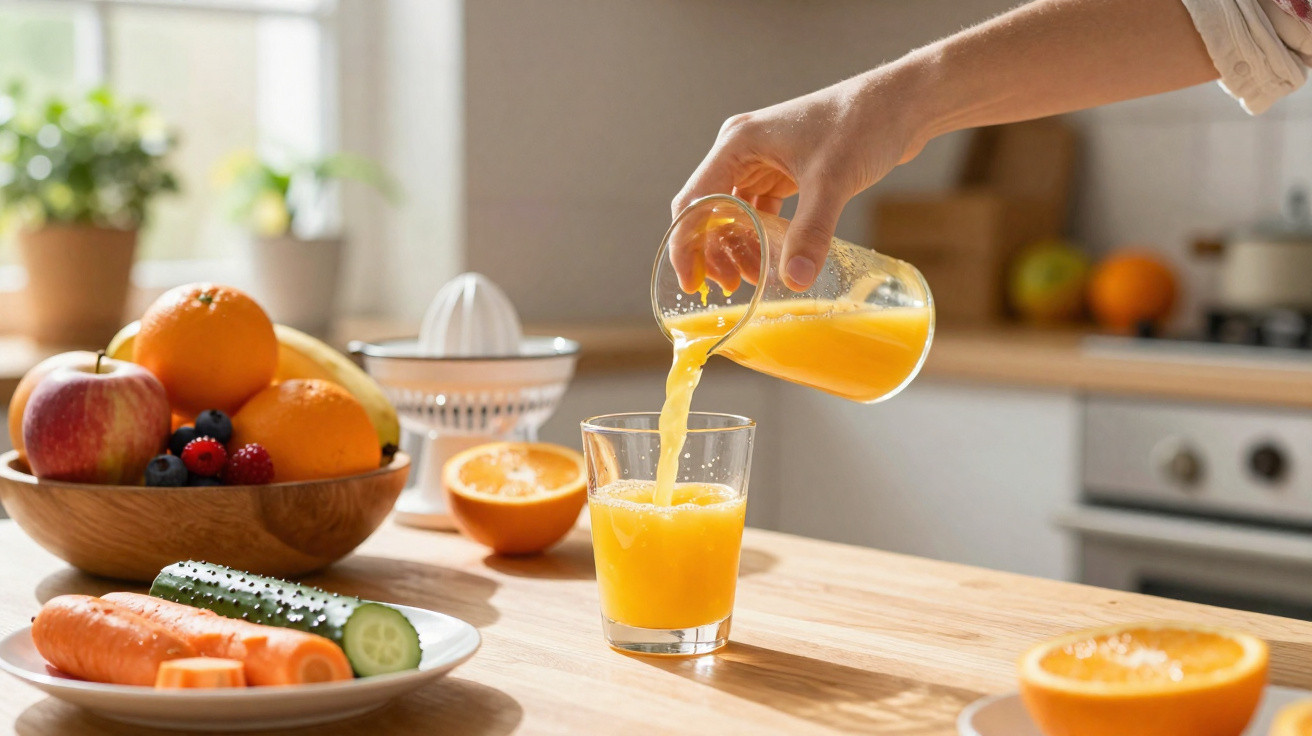 Mão a servir sumo de laranja num copo, rodeado de frutas e legumes numa cozinha iluminada.