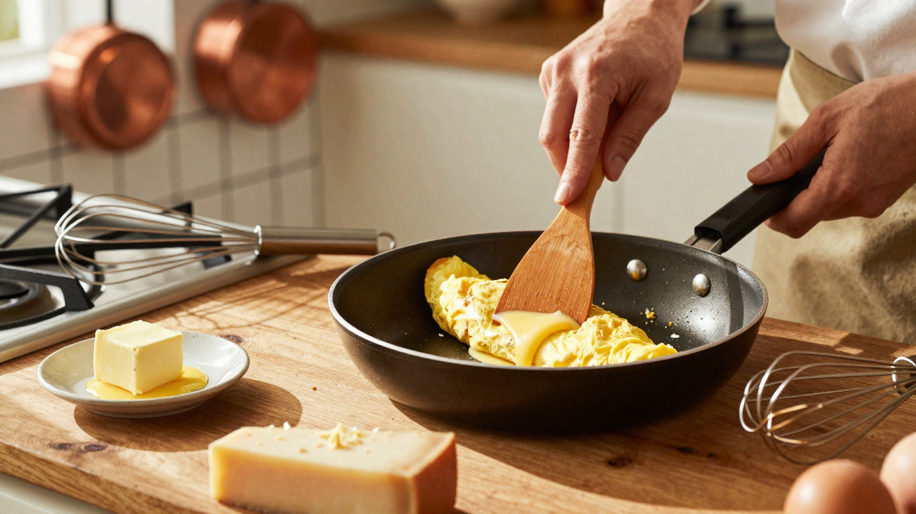 Mãos a cozinhar omelete na frigideira com queijo e manteiga numa bancada de cozinha.