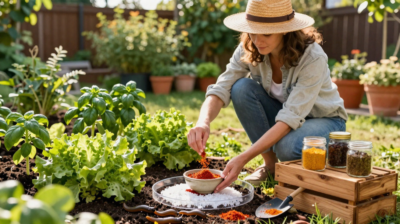 Mulher a cultivar e temperar plantas numa horta caseira com vasos e ervas aromáticas ao redor.