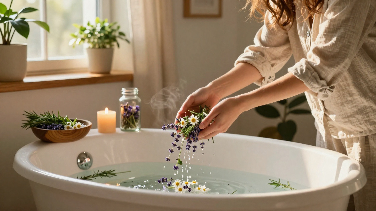 Pessoa a colocar flores num banho relaxante com velas e plantas numa casa iluminada pela luz natural.