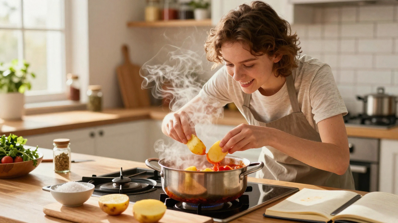 Mulher a cozinhar com sorriso, a colocar batatas numa panela a ferver na cozinha iluminada.